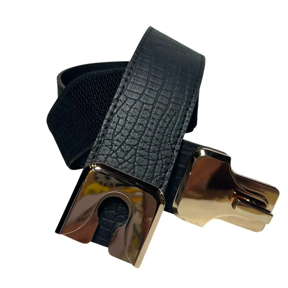 Vintage 90s Sz Small Gold Twist Lock Buckle Stretch Belt Black Faux Leather